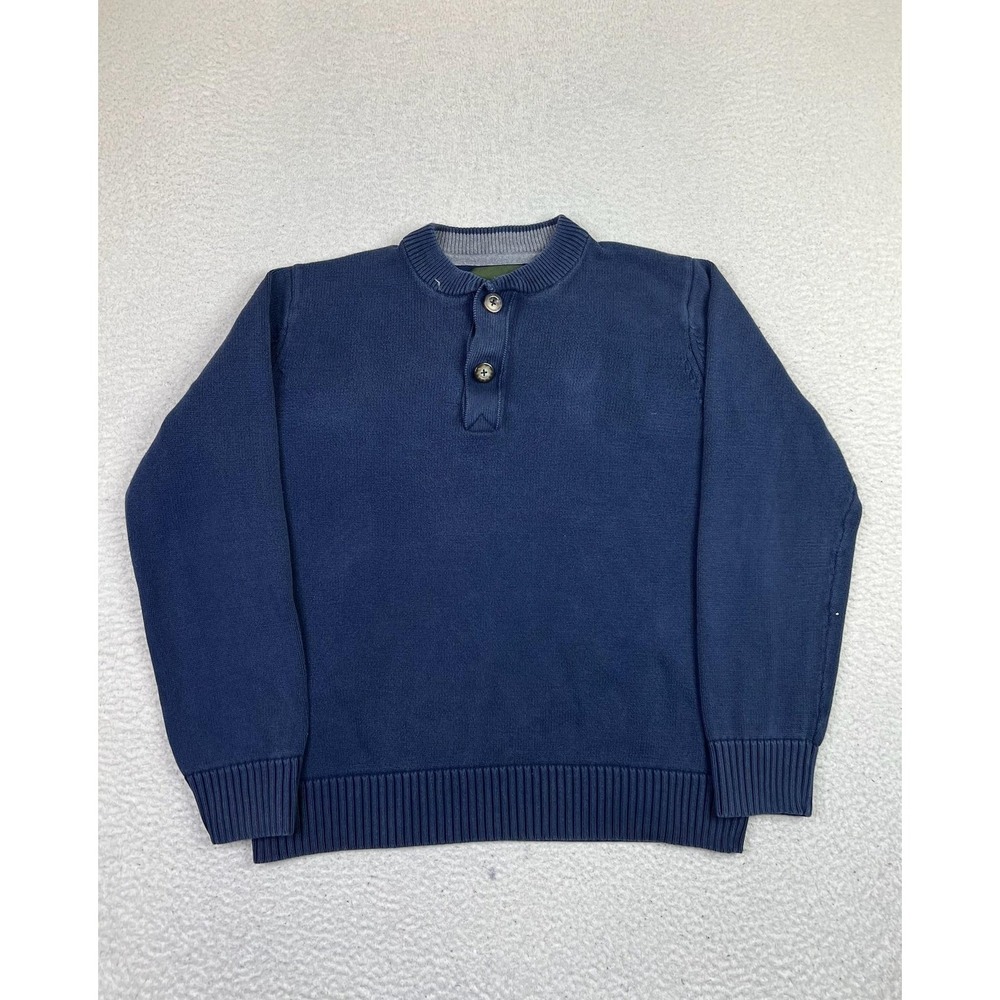 Eddie Bauer Mens Large Blue Henley Sweater 100% Combed Cotton Pullover 4297